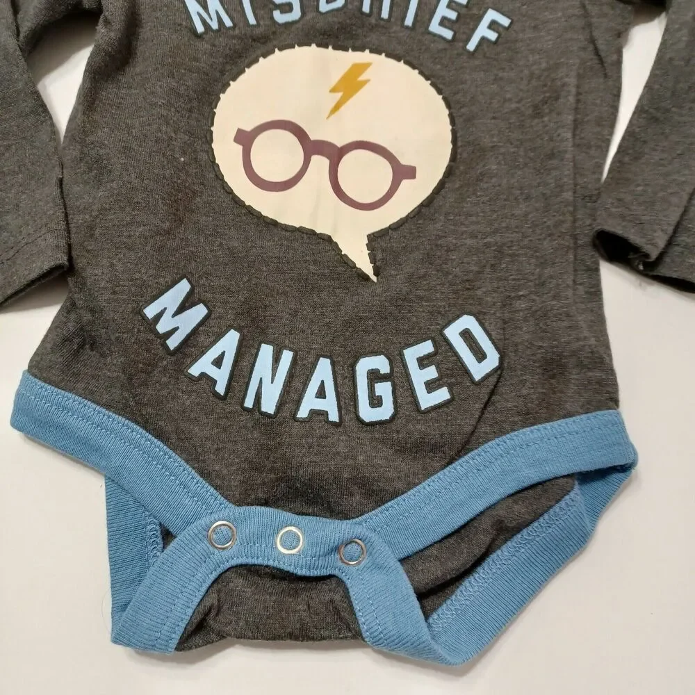 Harry Potter Unisex NB Bodysuit Mischief Managed Heathered Grey Blue Snap Button